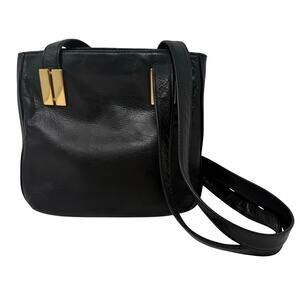Vintage Perlina New York Hand Bag Purse Black Leather with Gold Accents